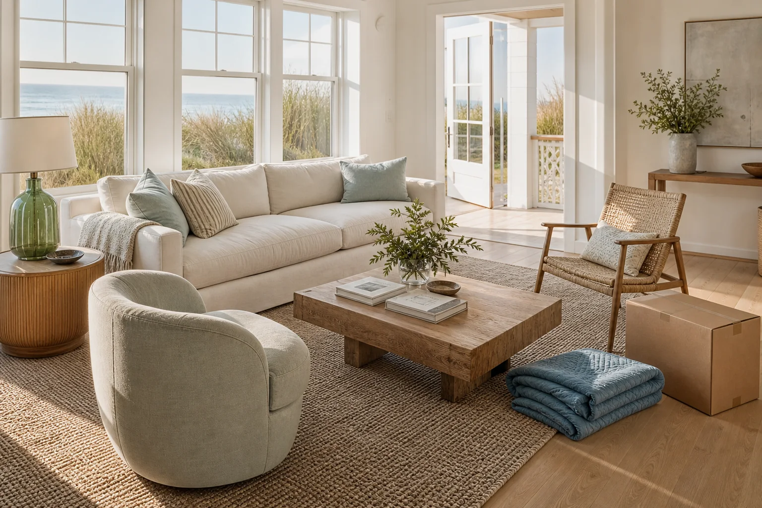 Hamptons living room with valuable furniture ready for an end-of-summer decision