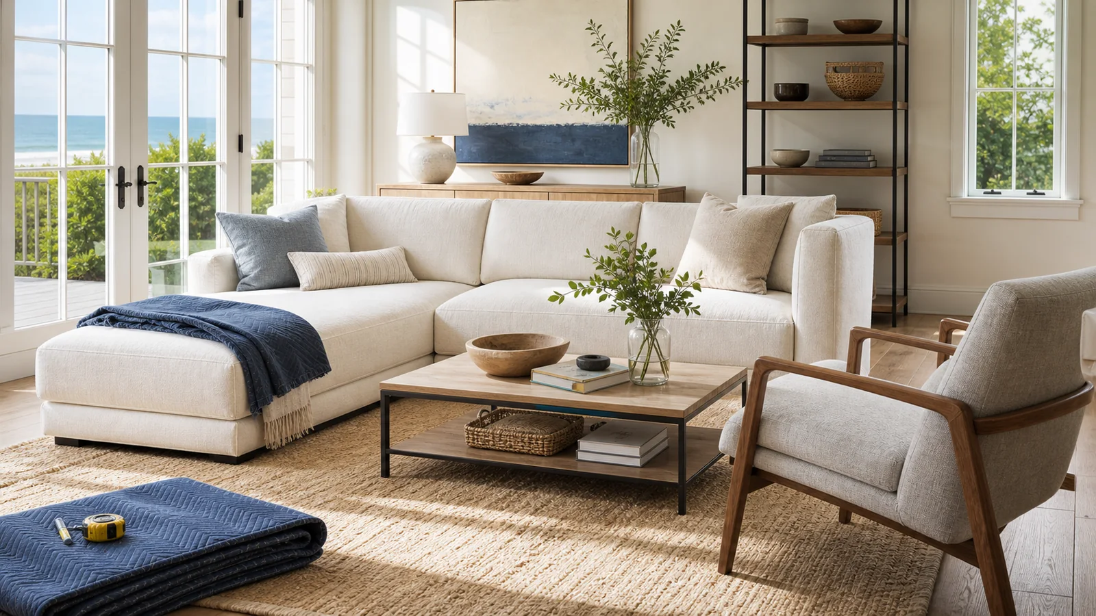 Large designer sectional listed as a Hamptons furniture arrival